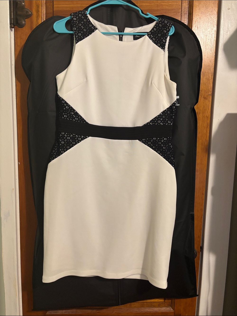 Scarlett Nite White and Black Lace-Accent Midi Sheath Dress